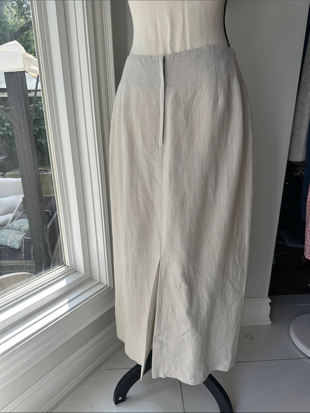 VINTAGE 90s LINEN Classic Cream White Tan Beige Striped Midi Pencil Skirt Medium - Picture 6 of 13